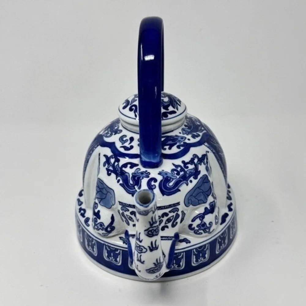 Vintage Elephant Chinoiserie Blue and White Teapot by Bombay